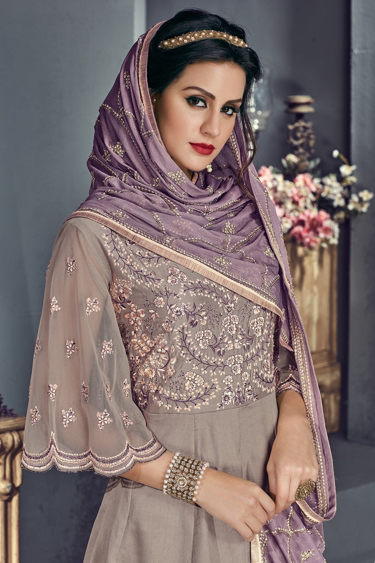 Faint Mauve Tussar Silk Party Wear Anarkali suit