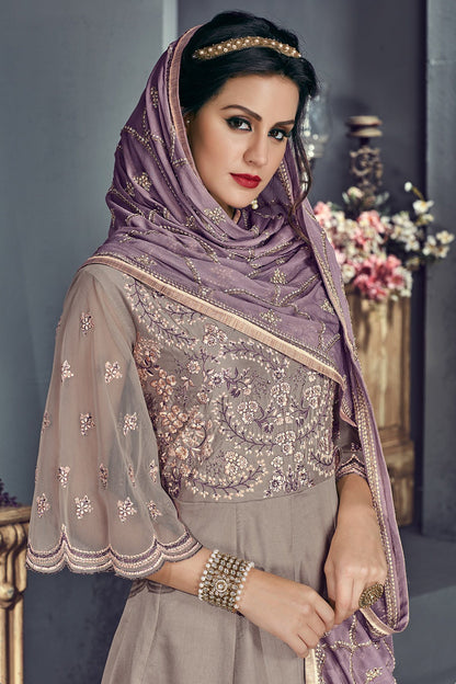 Faint Mauve Tussar Silk Party Wear Anarkali suit