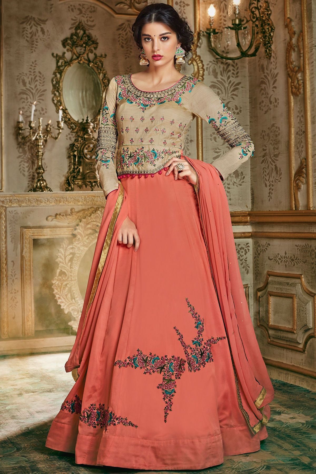 Tan And Peach Party Wear Anarkali Suit