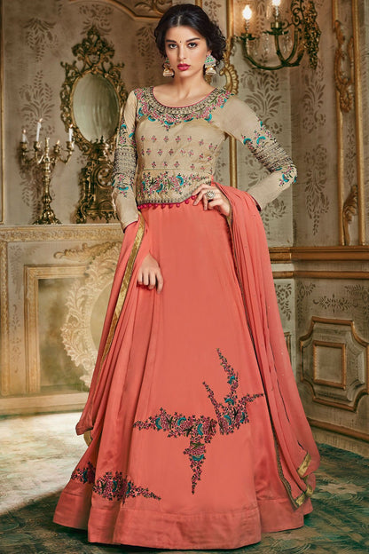 Tan And Peach Party Wear Anarkali Suit