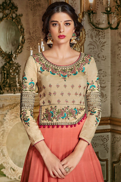 Tan And Peach Party Wear Anarkali Suit