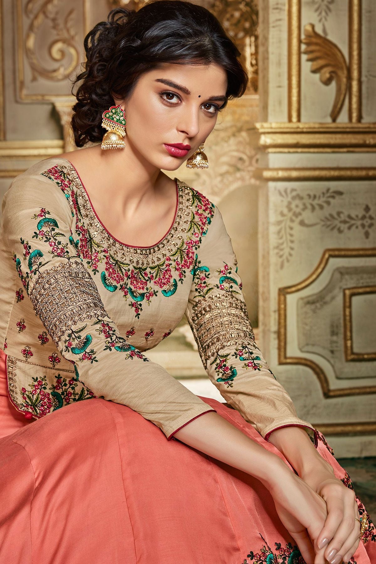Tan And Peach Party Wear Anarkali Suit