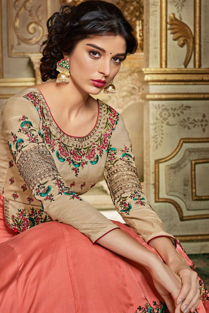 Tan And Peach Party Wear Anarkali Suit