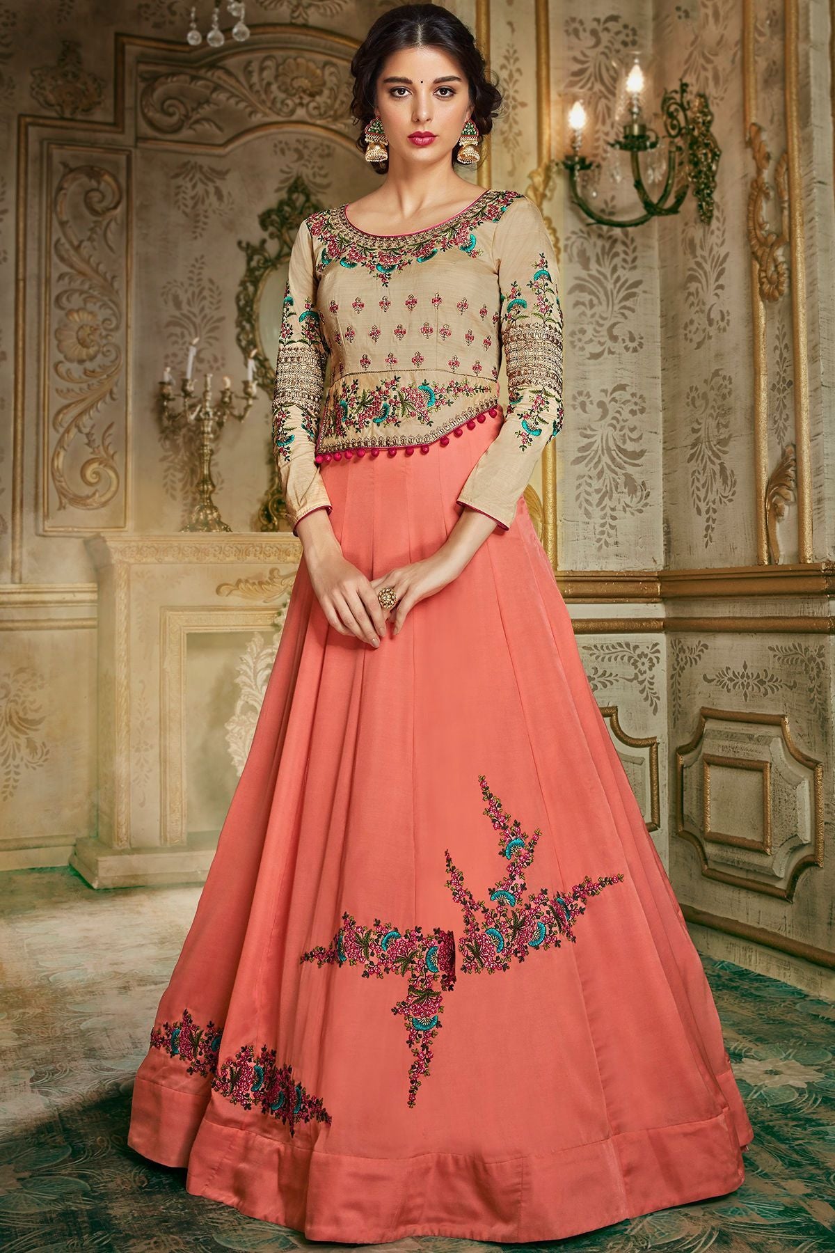Tan And Peach Party Wear Anarkali Suit