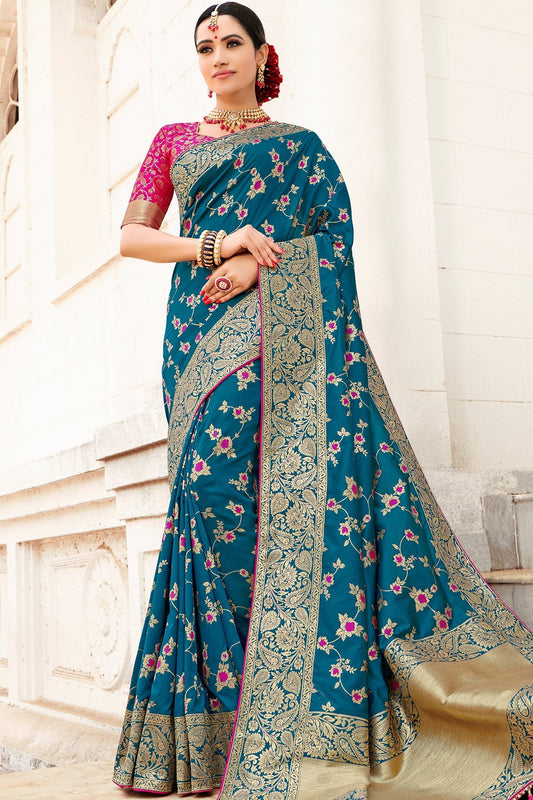 Prussian Blue and Magenta Designer Silk Saree