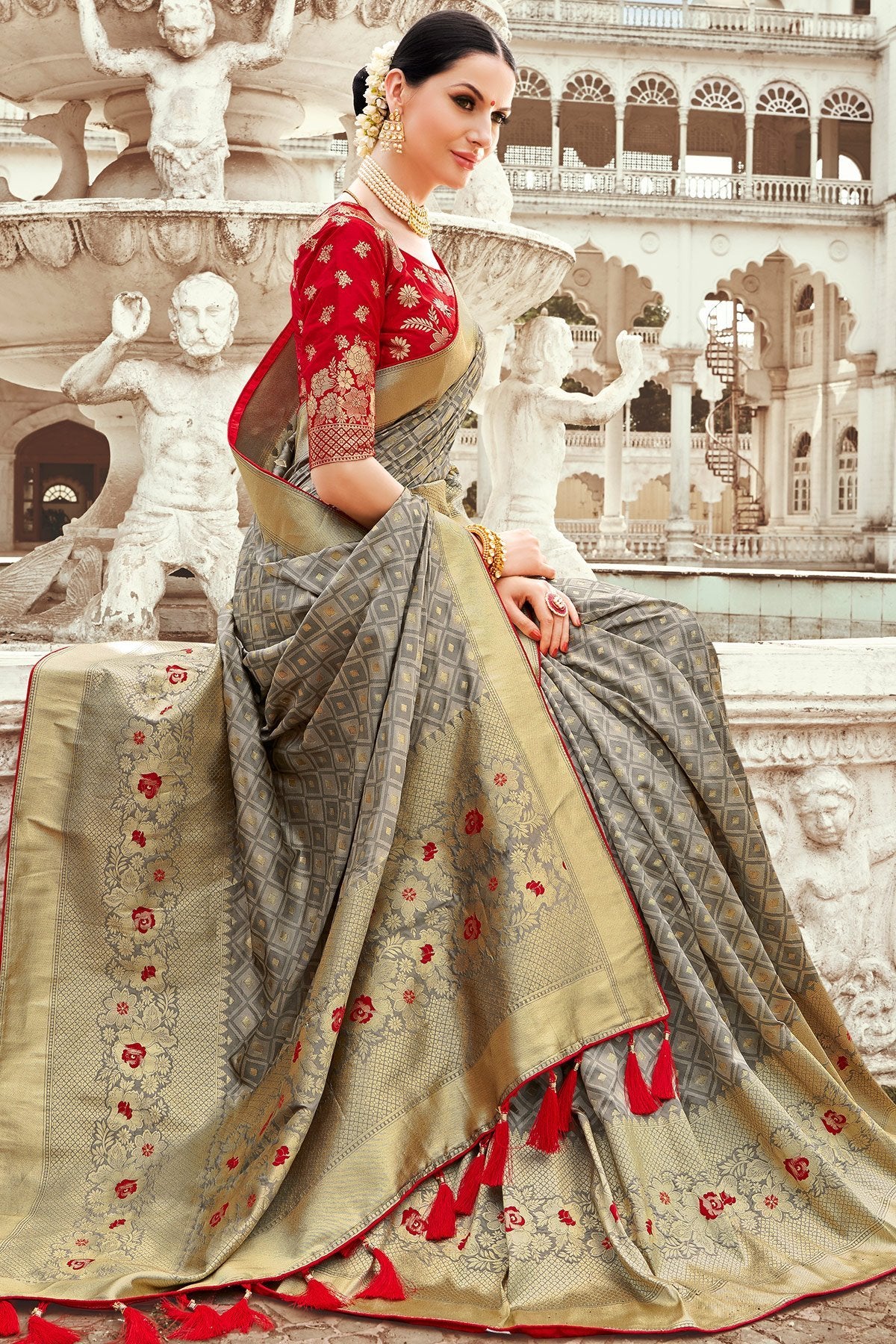 Grey and Candy Red Designer Silk Saree