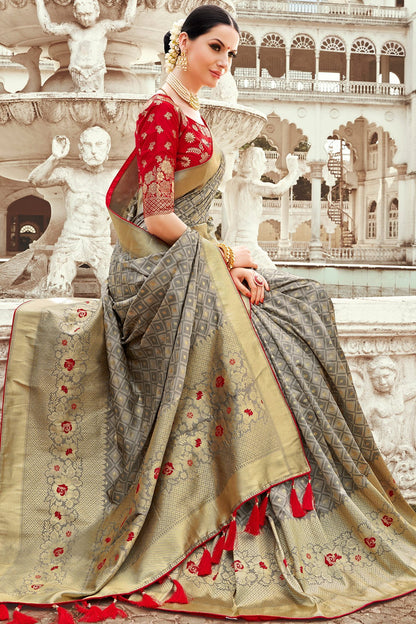 Grey and Candy Red Designer Silk Saree