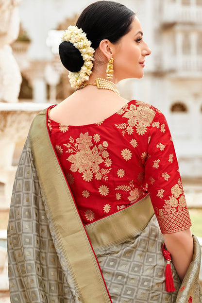 Grey and Candy Red Designer Silk Saree