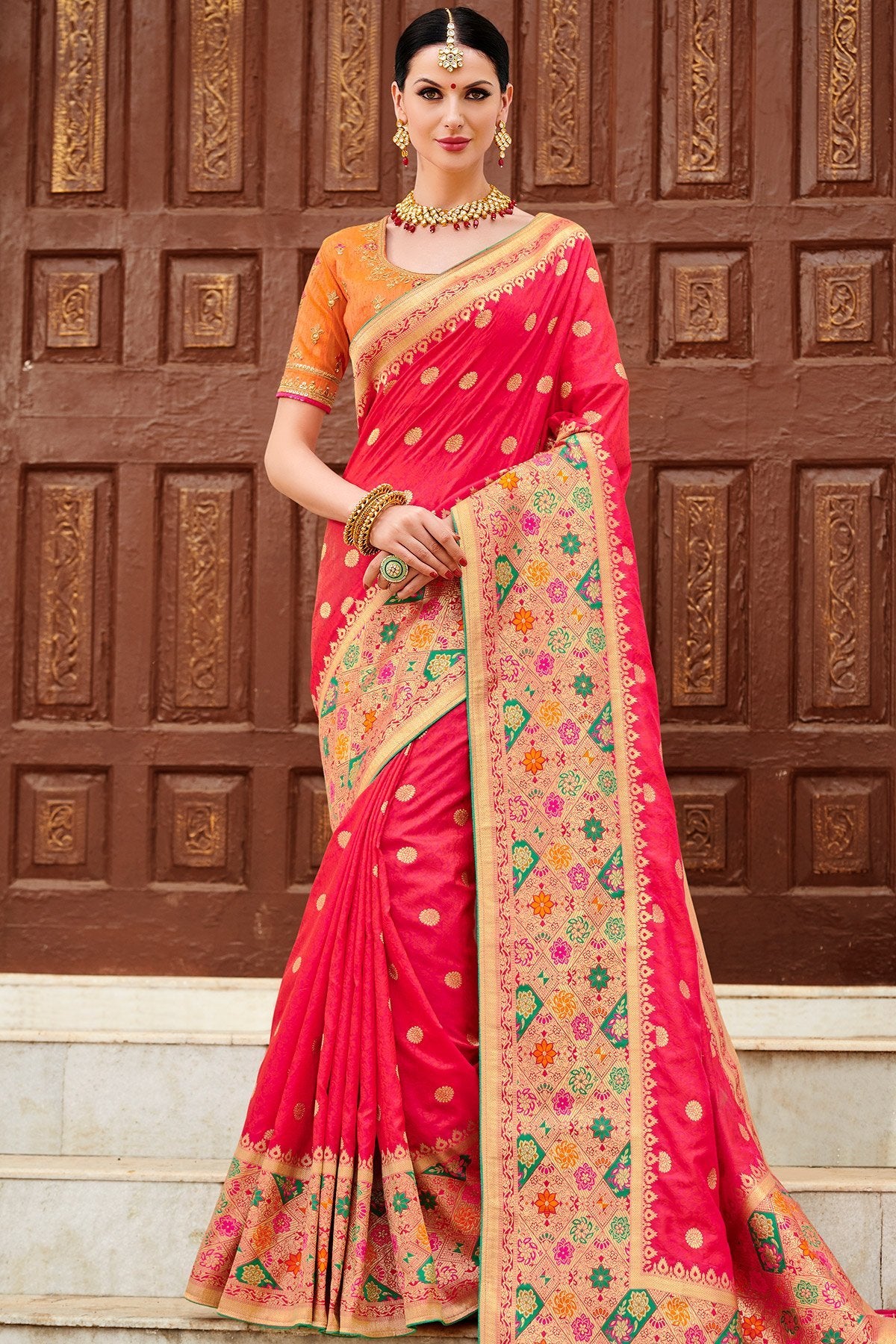 Strawberry Pink and Coral Pink Designer Silk Saree