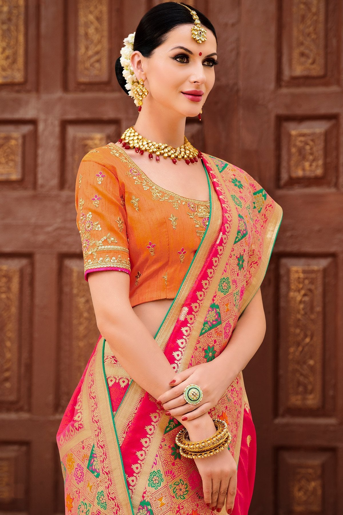 Strawberry Pink and Coral Pink Designer Silk Saree