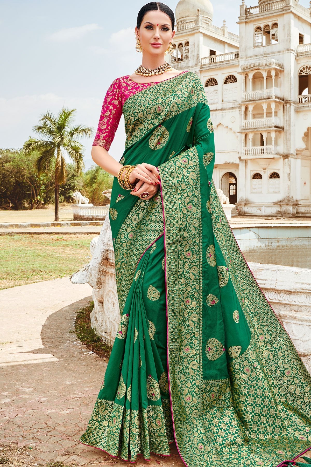 Green and Magenta Designer Silk Saree