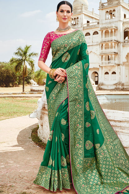 Green and Magenta Designer Silk Saree