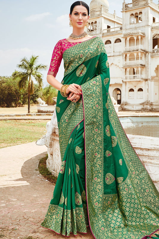 Green and Magenta Designer Silk Saree