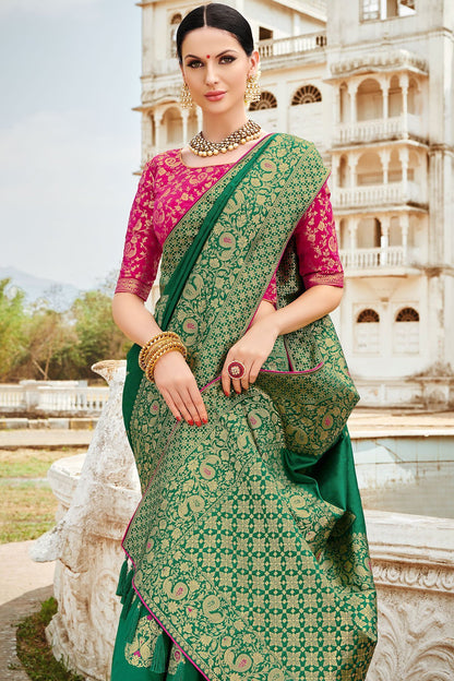 Green and Magenta Designer Silk Saree