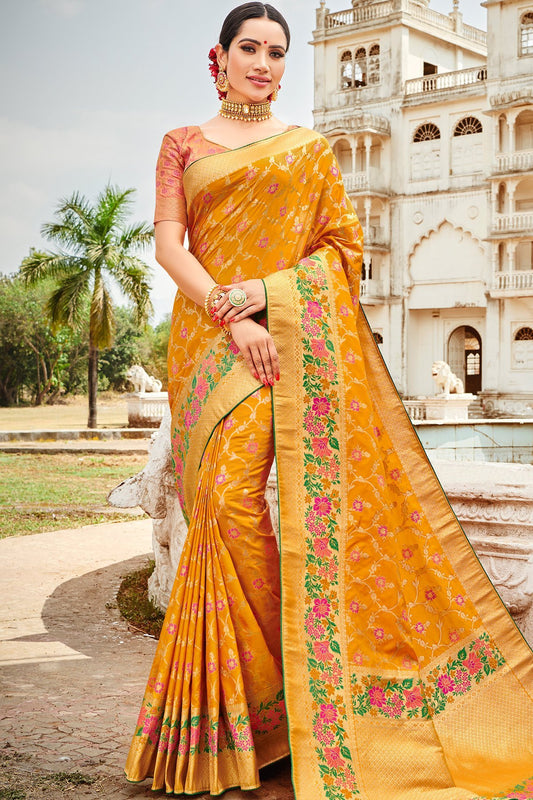 Yellow and Peach Designer Silk Saree
