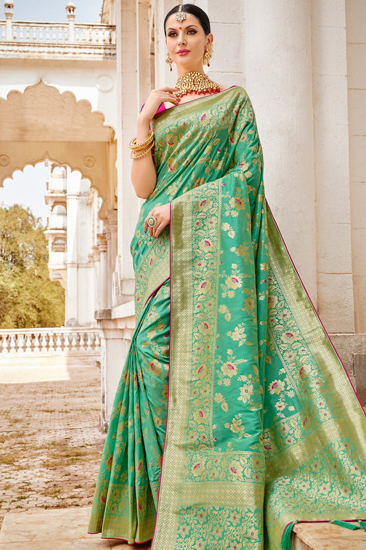 Fern Green and Magenta Designer Silk Saree
