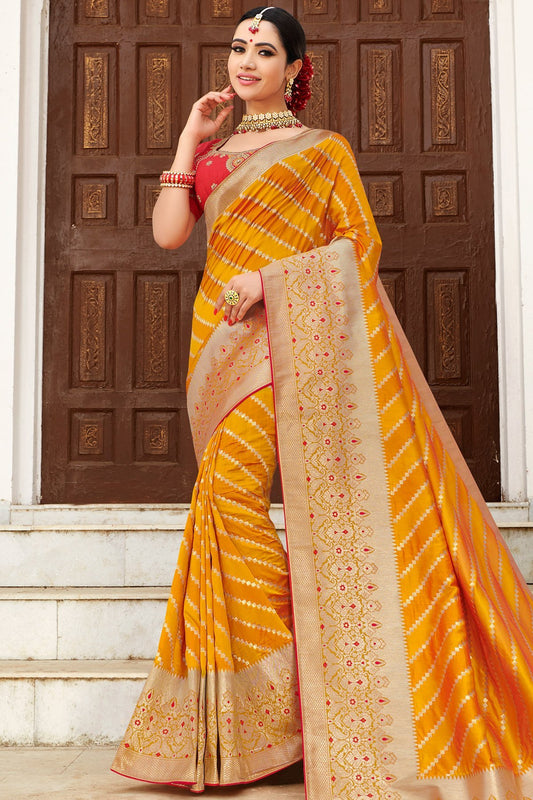 Mustard Yellow and Scarlet Red Designer Silk Saree