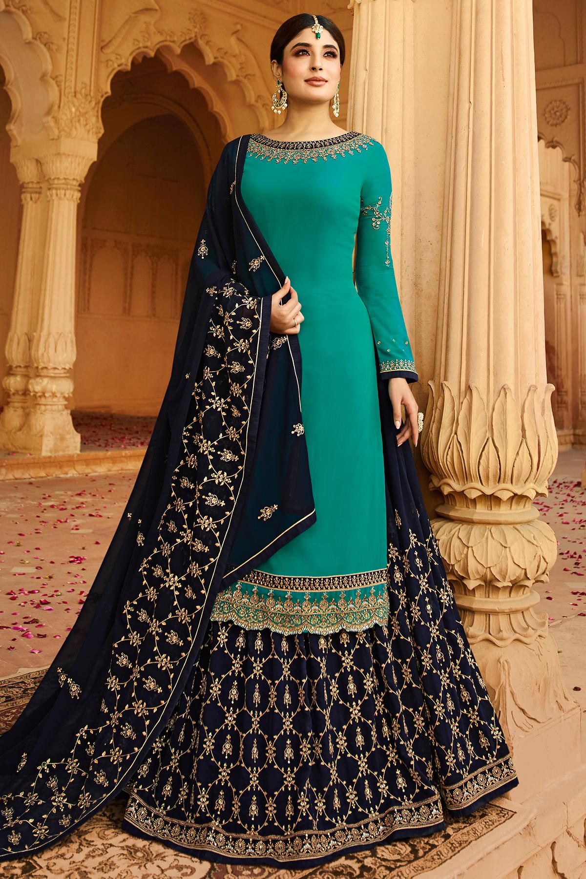 Teal and Blue Georgette Lehenga Style Suit
