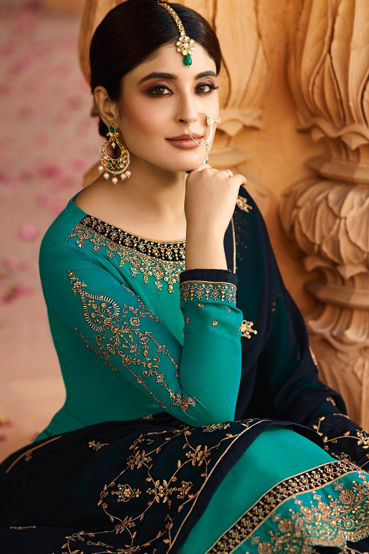 Teal and Blue Georgette Lehenga Style Suit