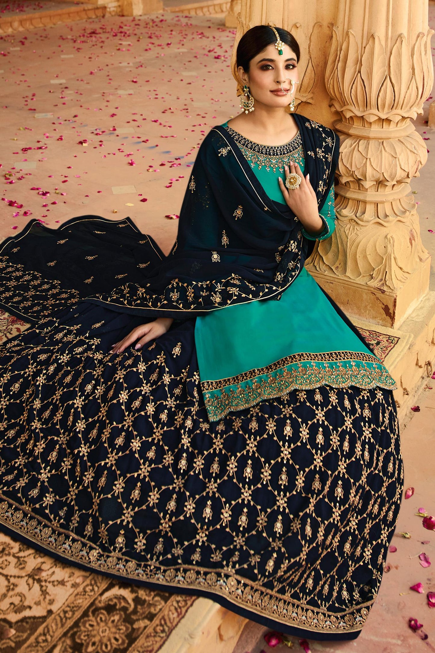 Teal and Blue Georgette Lehenga Style Suit