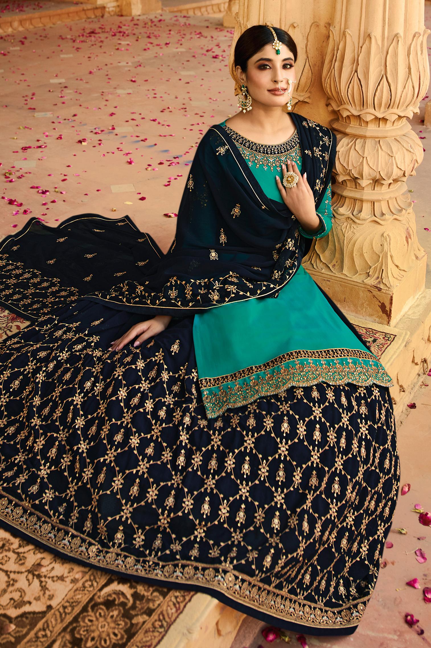 Teal and Blue Georgette Lehenga Style Suit