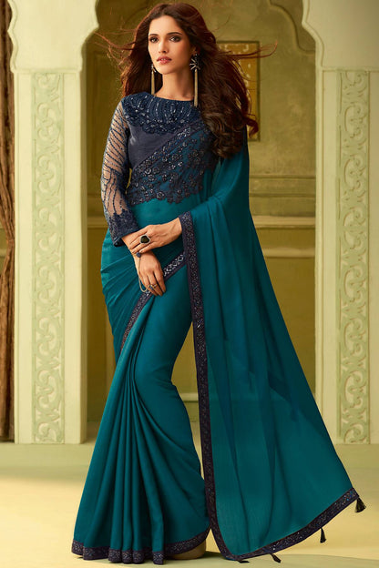Teal And Denim Blue Designer Silk Sari