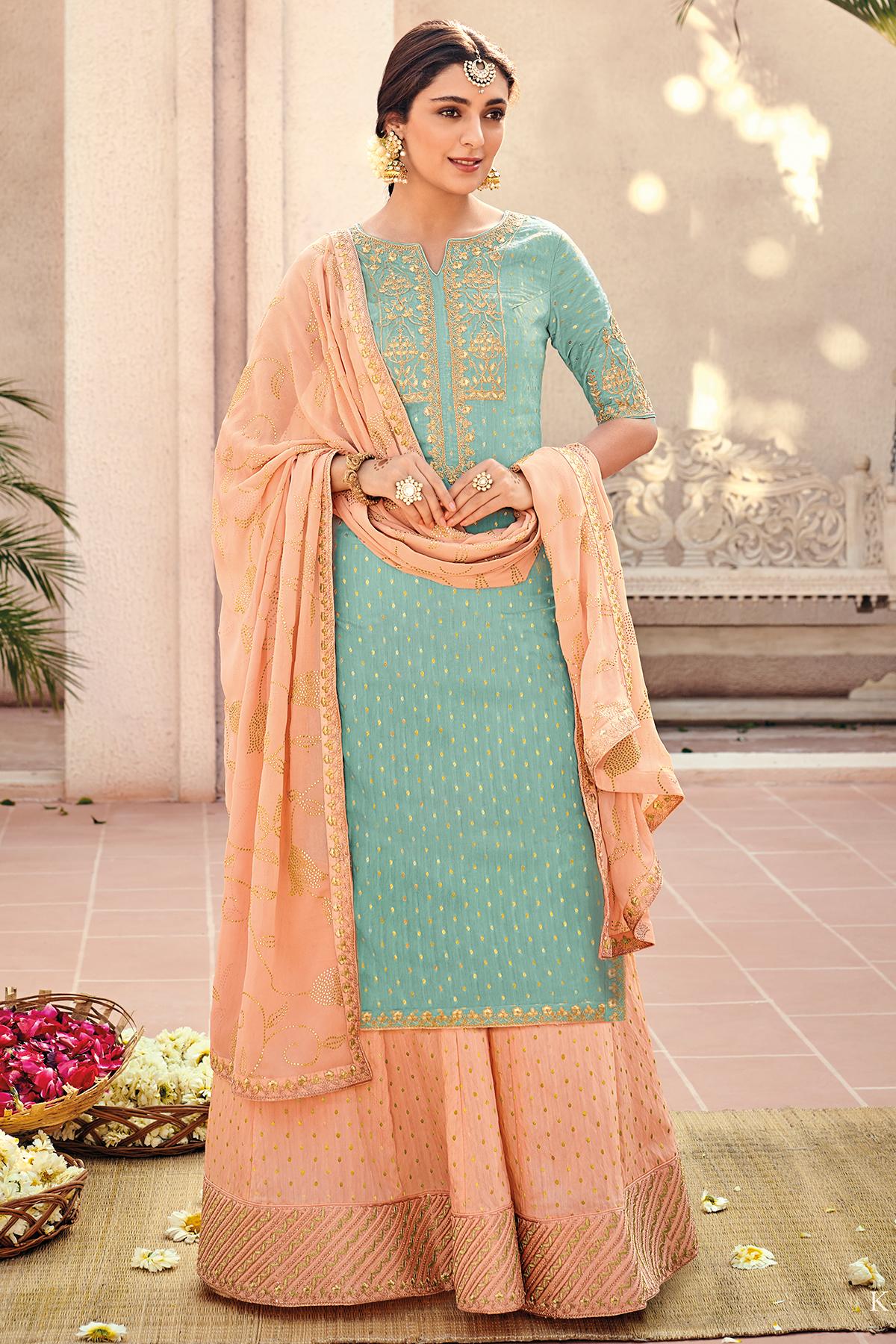 Teal Blue And Peach Designer Palazzo Suit