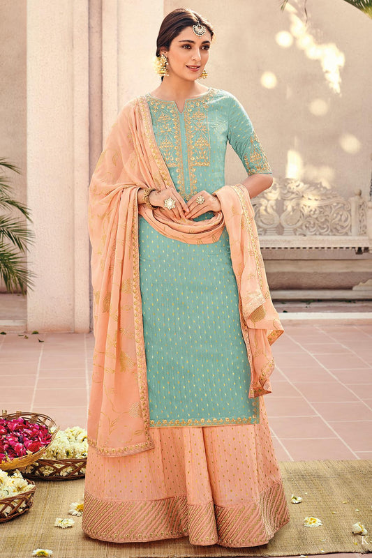 Teal Blue And Peach Designer Palazzo Suit