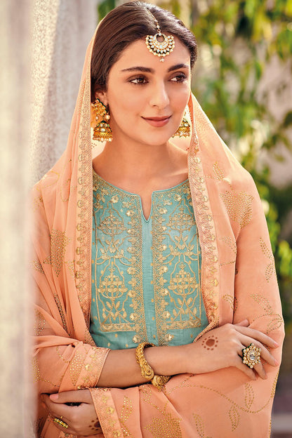 Teal Blue And Peach Designer Palazzo Suit
