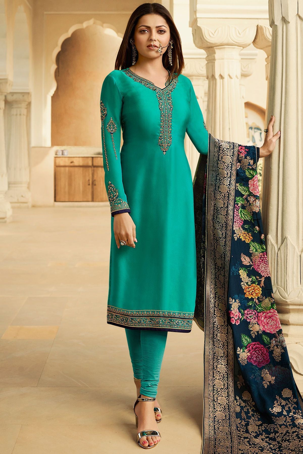 Teal Blue Georgette Casual Straight Suit