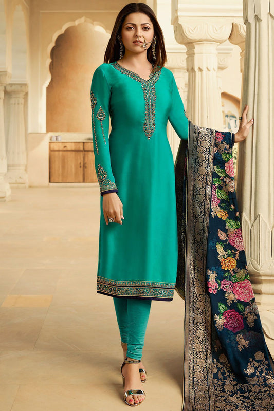 Teal Blue Georgette Casual Straight Suit