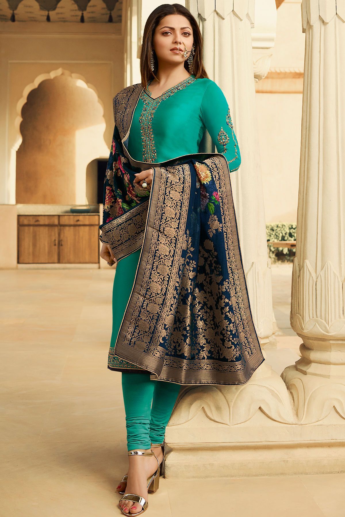 Teal Blue Georgette Casual Straight Suit