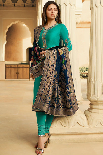 Teal Blue Georgette Casual Straight Suit