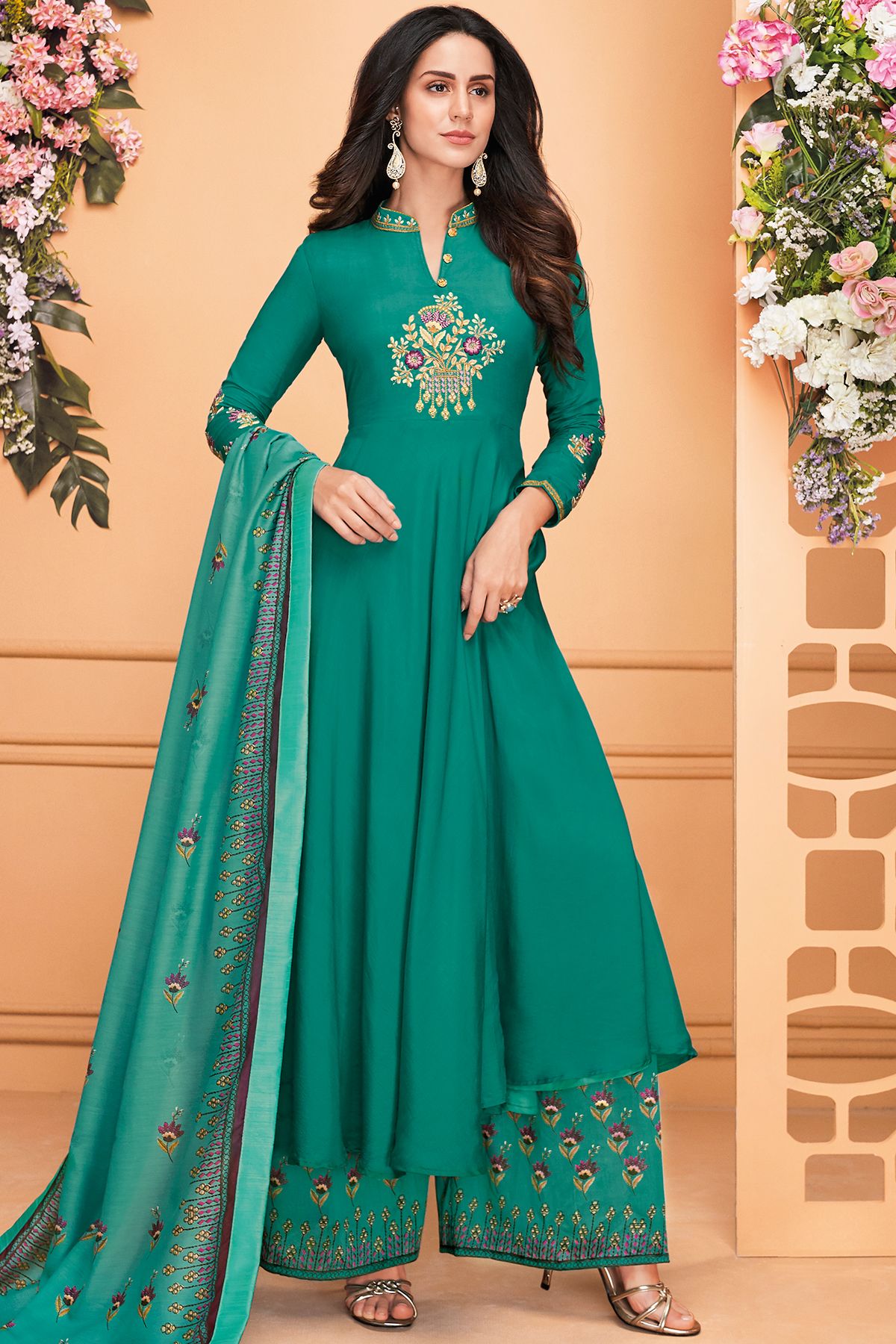 Teal Blue Maslin Designer Palazzo Suit