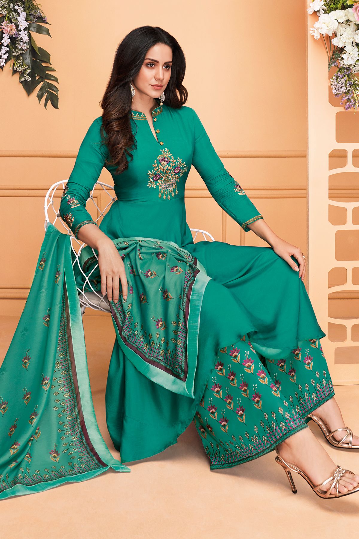 Teal Blue Maslin Designer Palazzo Suit