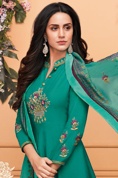 Teal Blue Maslin Designer Palazzo Suit