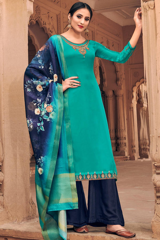 Teal Blue Traditional Party Wear Palazzo Suit