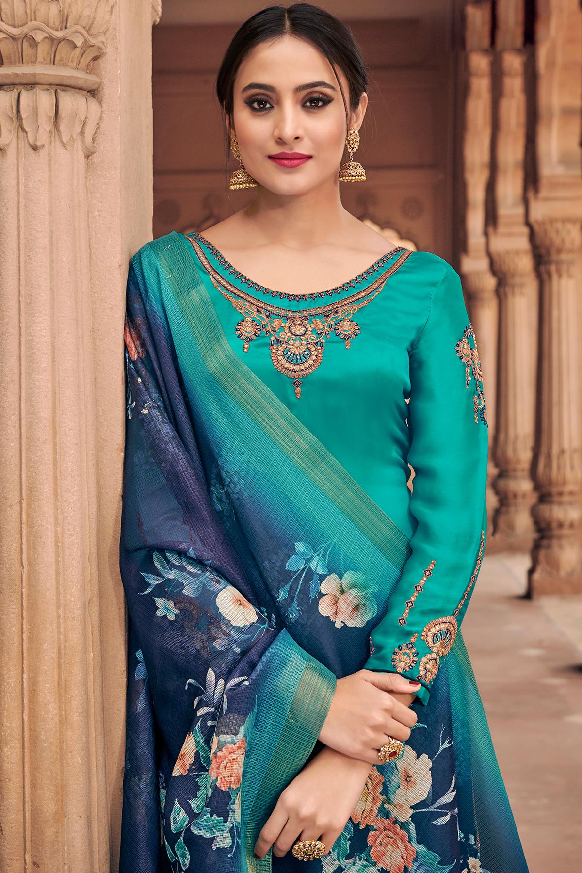 Teal Blue Traditional Party Wear Palazzo Suit