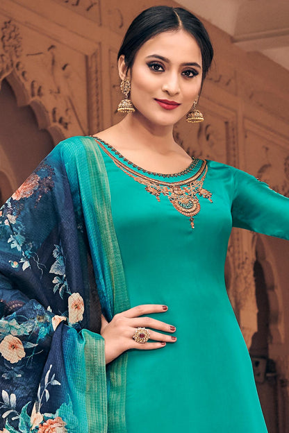 Teal Blue Traditional Party Wear Palazzo Suit