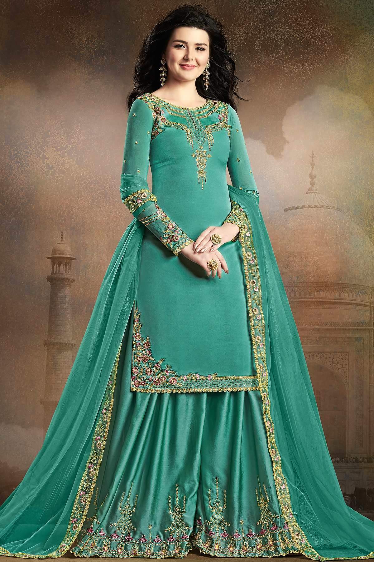 Teal Designer Embroidered Silk Sharara Suit