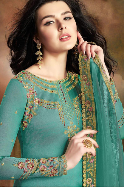 Teal Designer Embroidered Silk Sharara Suit