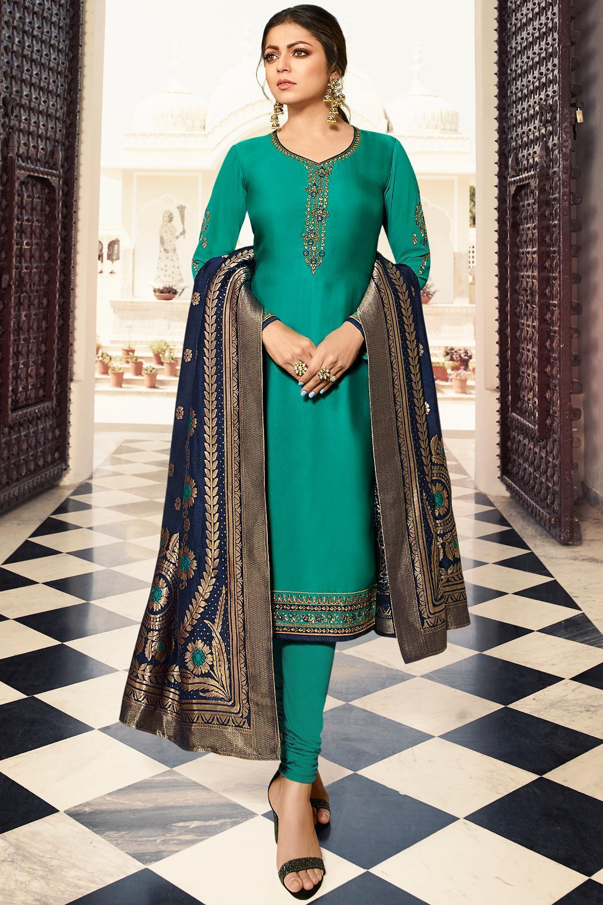 Teal Designer Embroidered Straight Suit