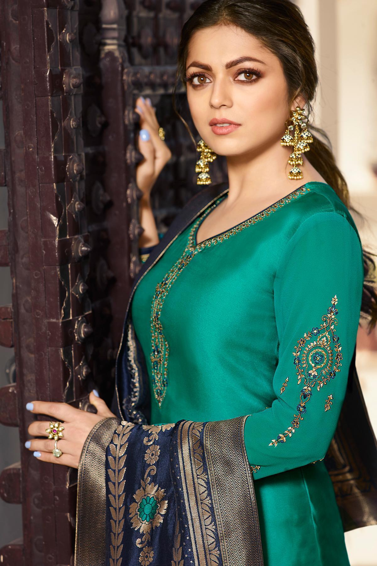 Teal Designer Embroidered Straight Suit