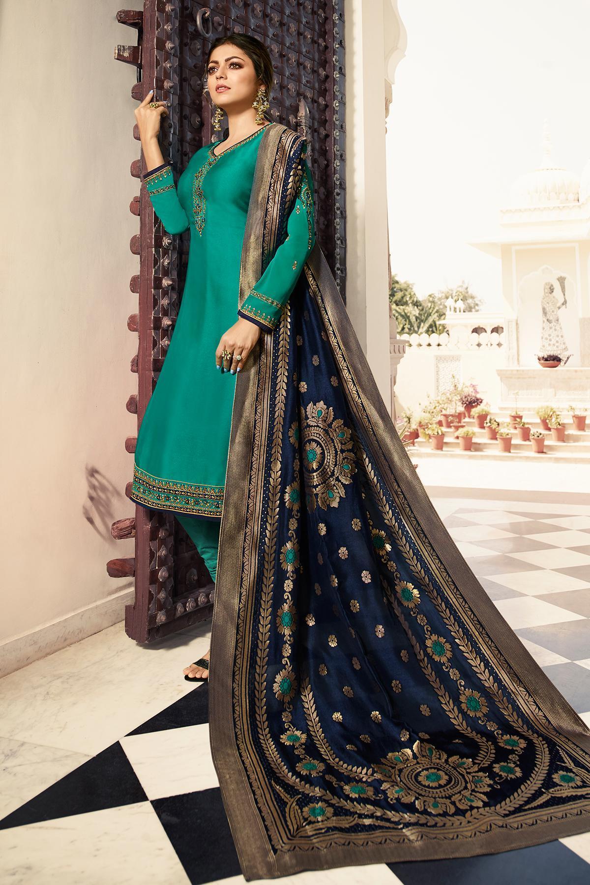 Teal Designer Embroidered Straight Suit