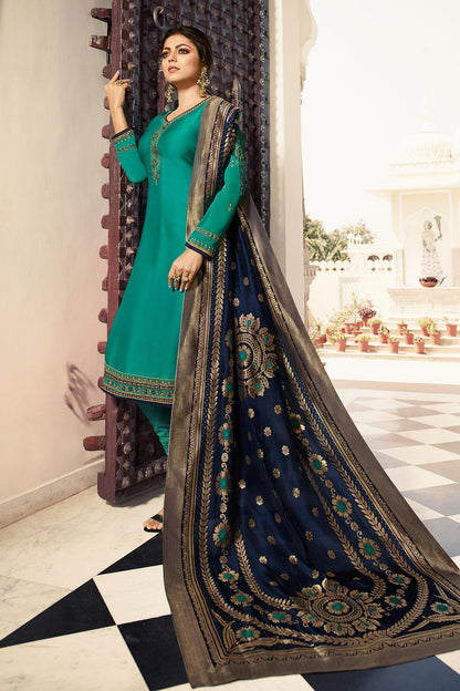 Teal Designer Embroidered Straight Suit