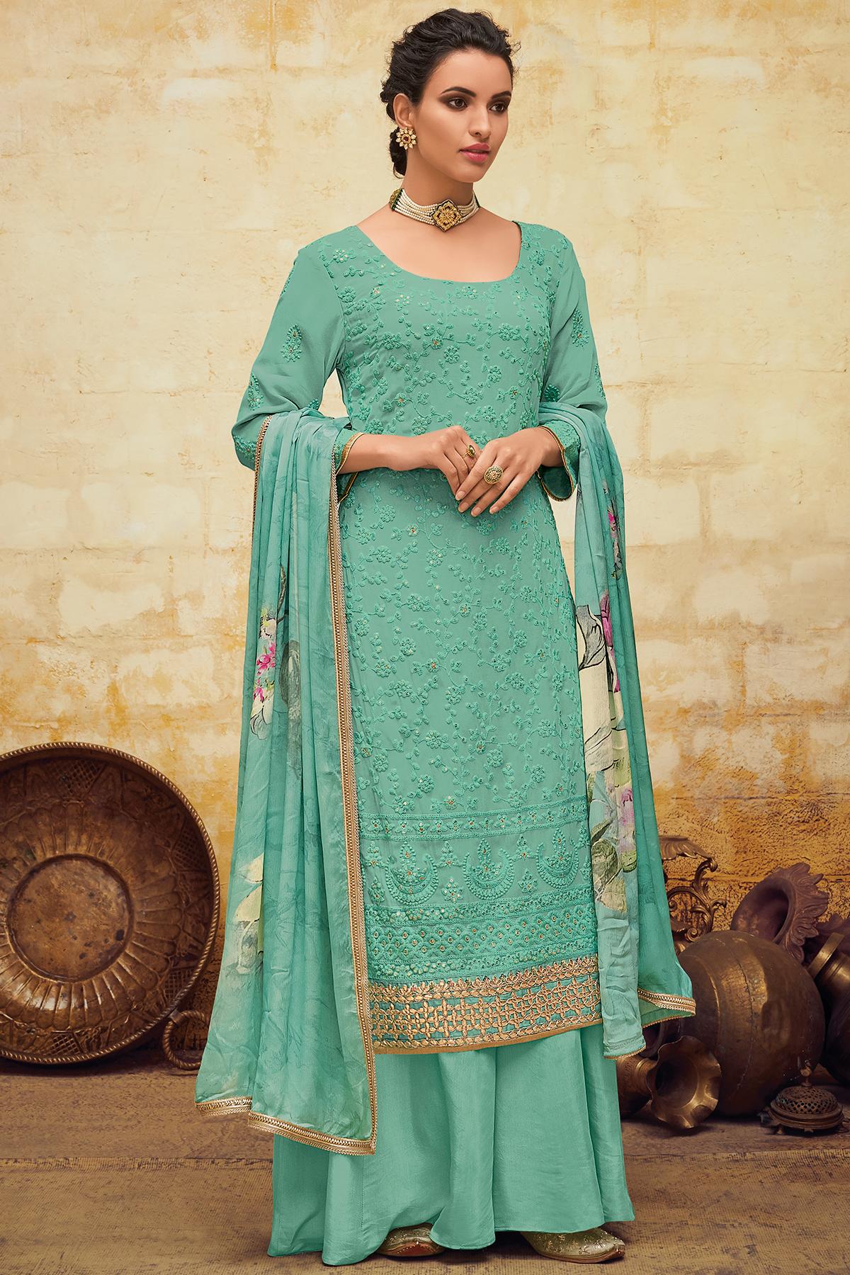Teal Designer Georgette Palazzo Suit