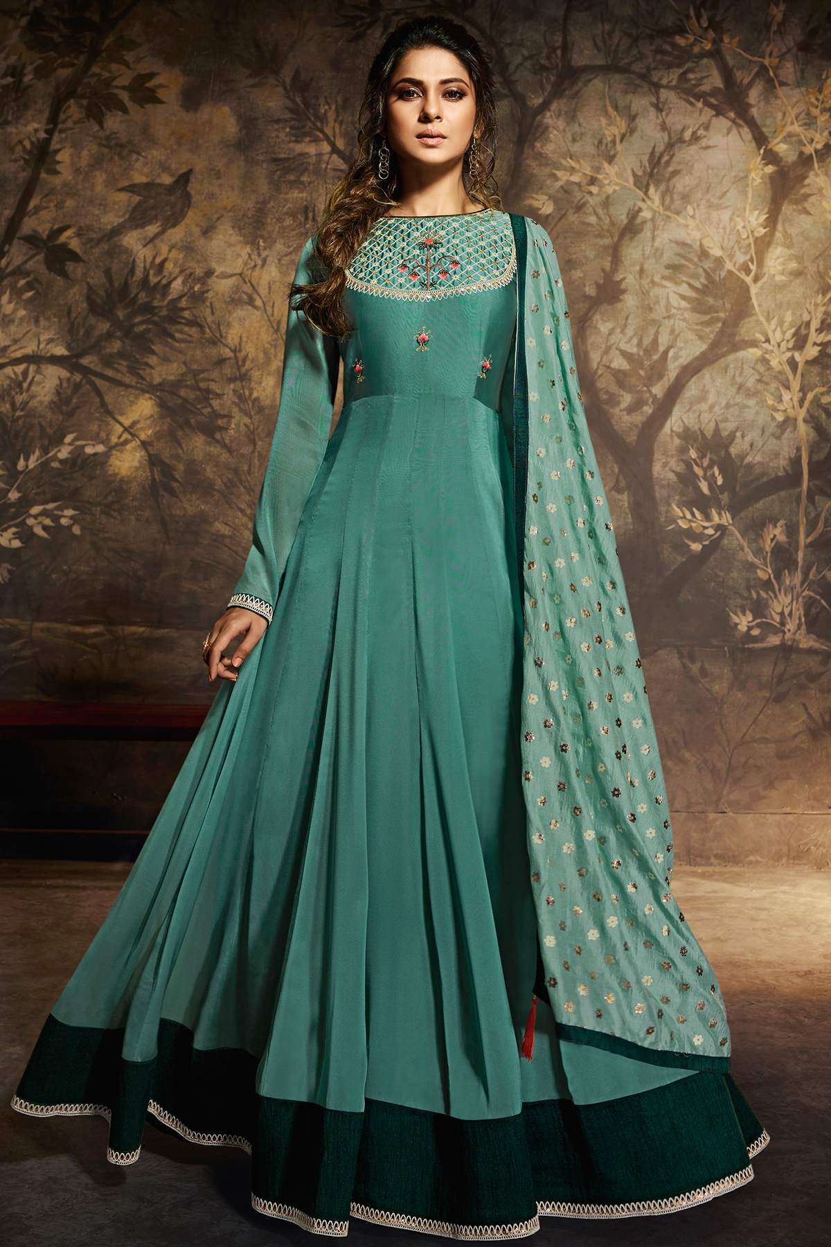 Teal Designer Georgette Silk Gown