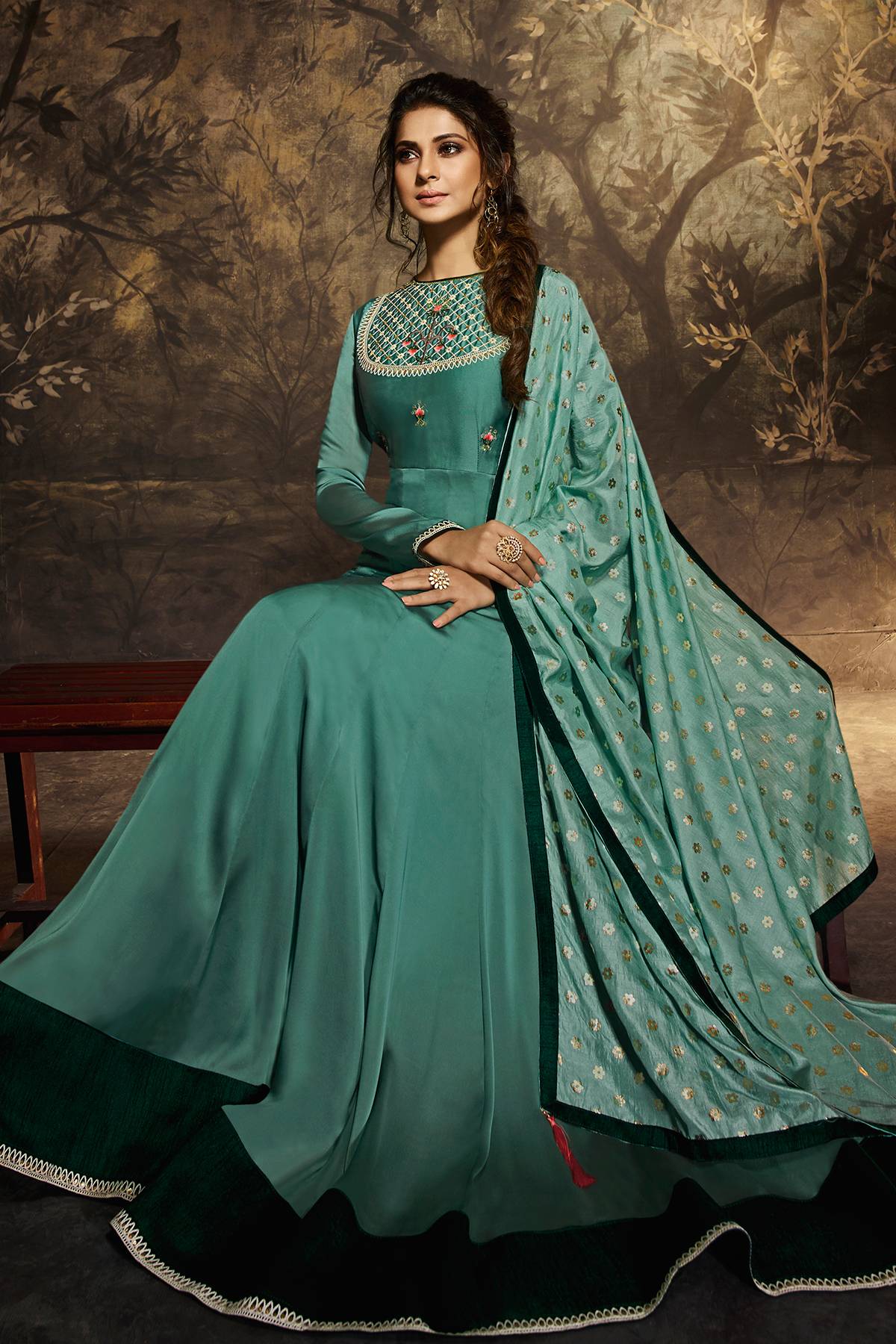 Teal Designer Georgette Silk Gown