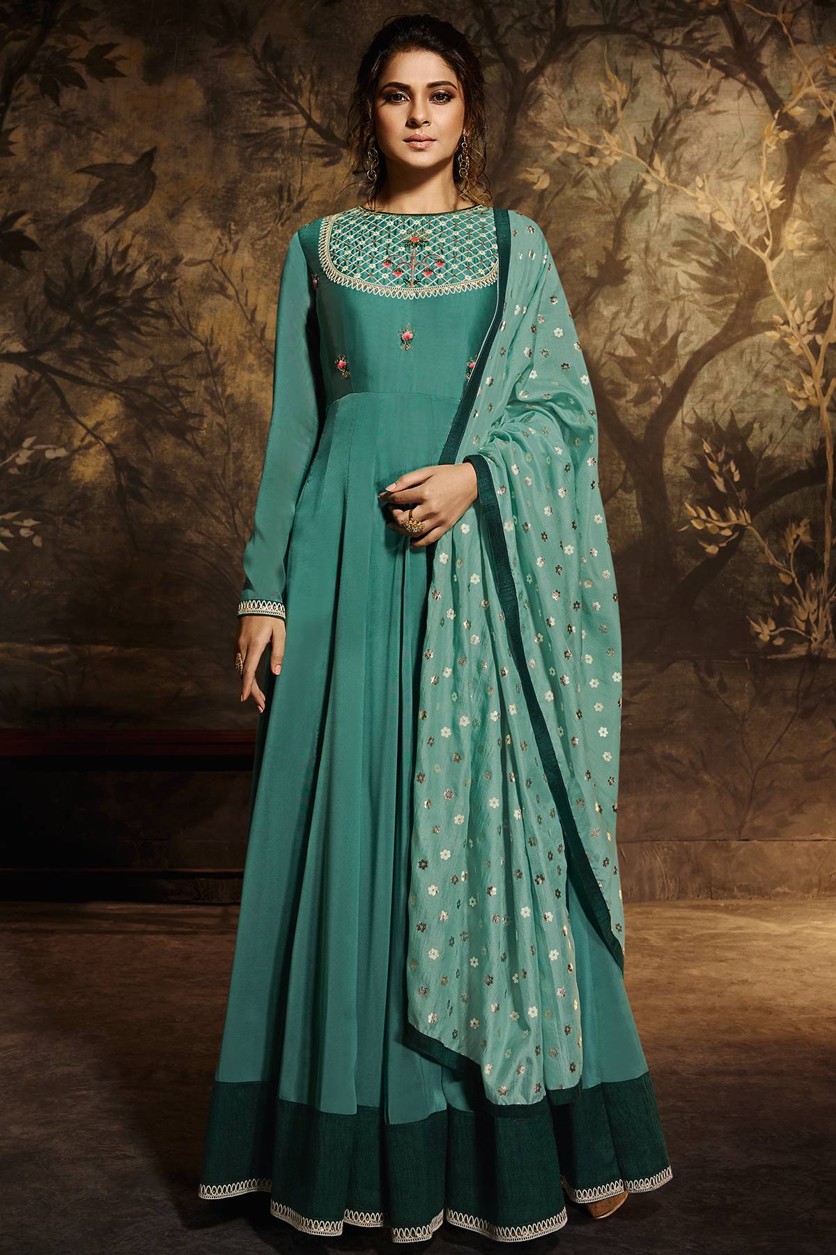 Teal Designer Georgette Silk Gown