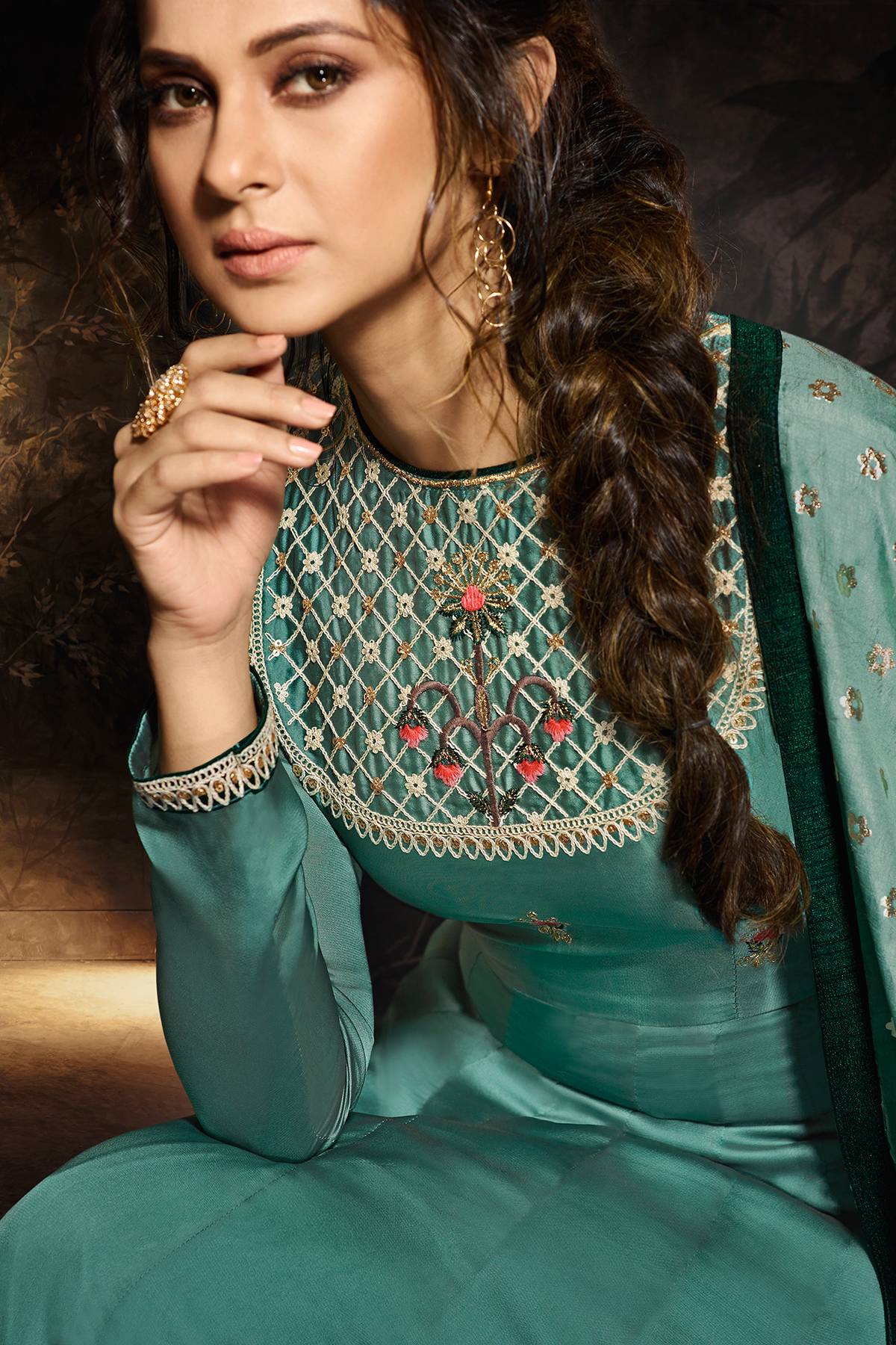 Teal Designer Georgette Silk Gown